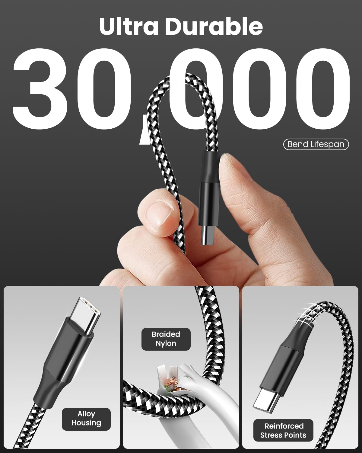 60W USB C to USB C Cable 10ft 3 Pack Fast Charging Braided Cord